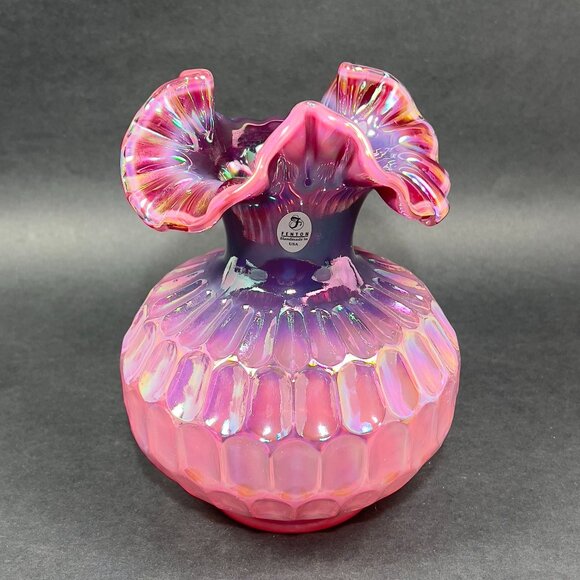 Fenton Other - Vtg Frank Fenton Art Glass Plum Pink Carnival Iridescent Thumbprint Vase Signed